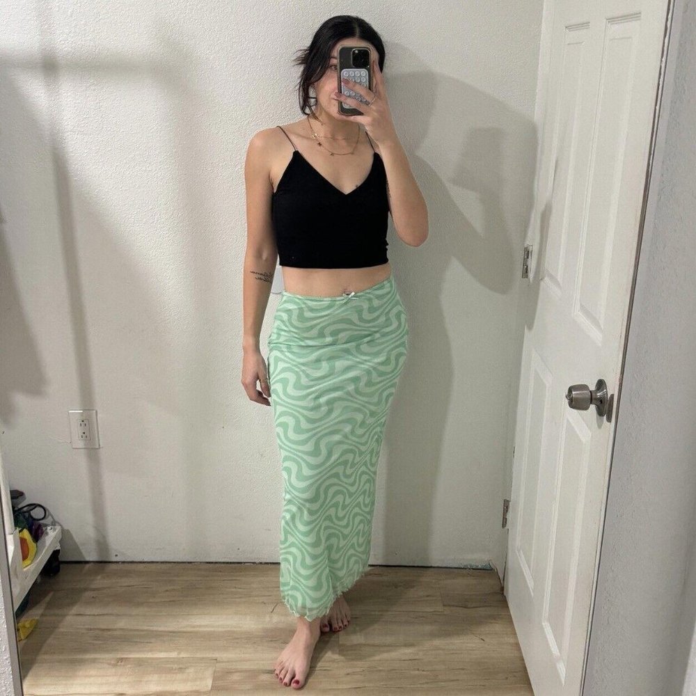 womens urban outfitters Maxi Skirt Groovy‎ Green Now Ruffles Size Small S